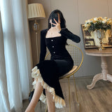 French Collar Black Fishtail Dress Women Winter Retro Velvet Bag Hip Dress Temperament Long Dress