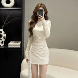 French Pure Lust Folded Slanted Shoulder With Tie Dress Women's Spring And Autumn New Waist Repair Body Ass Skirt
