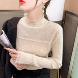 KANING Stylish Stylish Temperament Pearl T-Shirt By Lace Knitted Shirt Half-Led Sweater