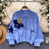 Korean Version Of Embroidery Patch Striped Temperament Shirt Women Summer Long Sleeves Loose Cardigan Design Sense Niche Commuter Top