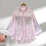 Light Luxury Famous Heavy Industry Nail Polish Shiny Embroidery Lantern Sleeve Shirt Loose Outer Long Sleeve Top Dress Female