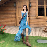 Chiffon + Invisible Zipper Holiday Wind And Flowers Hanging Dress Women's Summer Design Irregular Dress Waist