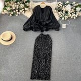 Yu Sister High-End Oceanic Suit Female Fashion Famous Woman To Collect Waist Lotus Leaves Side Folding Top + High-Waisted Lewd Lewd Half-Dress
