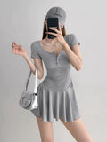 Pure Lusty Age-Dexive Gray U Collar Button Short Sleeve Dress Women Summer Waist Sports Atmosphere A Short Skirt Women