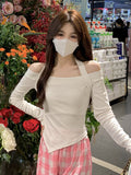 2026 Word Shoulder Hanging Neck Long-Sleeved T-Shirt Woman Autumn New Hot Girl With A Short Bottom Shirt Top