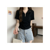 Casual Style POLO Neck Zipper Front Shoulder Short Sleeve T-Shirt Women's Summer Design Suction Rope Strap To Repair Short Blouse