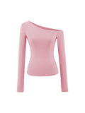 Solid Color Oblique Shoulder Shoulder-To-Shoulder Knitted Long-Sleeved Hottie Design Feel Bottom Blouse T-Shirt