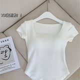 Summer Solid Color With Chest Cushion Square Collar Short-Sleeved T-Shirt Women's Fashion Sports Yoga Clothes