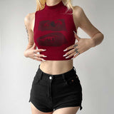 Vintage Babes Sexy Semi-Circular High-Neck Vest Women's Summer New Design Print Thin Short Top