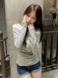 2026 Spring And Autumn Pop Hottie Open Shoulder Collar Style Long-Sleeved Striped Blouse Heart Loose Thin T-Shirt Girl