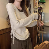 Fake Two Drawstrings Folded Long-Sleeved Women Early Autumn New Thin Design Top