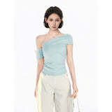 Fashion Pink Temperament Out-Shoulder Short-Sleeved T-Shirt Girl Spring New Slim Lean Shoulder Inside The Sexy Blouse Tide