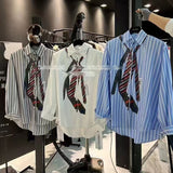 Design-Sensitive Niche Tie-Print Striped Shirt Women's New Languid Windy Loose Shirt Tide In Autumn 2025