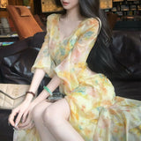 [Gyvinny Garden] 2026 Summer New Seaside Holiday Lantern Sleeve Watercolor Dye Oil Painting Dress