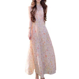 Temperament Sweet Wind Slings Broken Flowers V-Neck Dress Women Summer To Open Shoulders High A-Character Dress