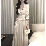 [Senino] Vintage Style Chic Lily Collared Waist Short Coat High Waist Swing Half Skirt Suit Dress Autumn