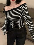 260G Cotton Autumn With Long Sleeves Hottie Hit Stripe One-Word Female Short-Cut Bottom Shirt