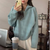 KANING Collar Double Zipper Design Knitted Cardigan Women 2026 Autumn And Winter New Korean Version Of Lazy Wind Sweater