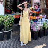 Yellow Broken Flower Hanging Dresses Women's Summer Sleeveless Vestal Dress French Sweet Wind Roller-Sleeve-Length Dress A-Character Skirt