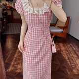 Korean Version Of The Red Lattice Dress Women's Summer New Small Man Looks Unique Beautiful Lace Dress