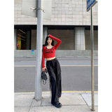 Vintage Sweet Babes Red Long-Sleeved T-Shirts For Autumn And Winter New Letters Slimming Inside A Short Top