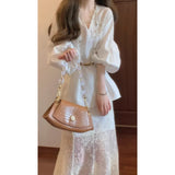 2025 Autumn Retro New Chinese Style Giant V-Neck Lantern Sleeve Top & Net Yarn Fishtail Skirt Suit