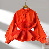 Long-Sleeved Shirt Female Design Sense Of A Small Three-Dimensional Pressure Folding Lotus Leaves Side Lean Temperament Spring Dress Top Woman