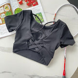 Sports Fitness Yoga Suit With Chest Pad Short-Sleeved T-Shirt Girls Summer Thin Beauty Back Sexy And Short Clothes