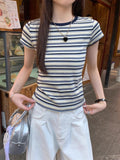 Vintage Ramming Striped Design Sense Fashion In Short-Sleeved T-Shirt Girl Summer Slimming Bottom Top Girl T-Shirt Tide