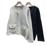 KANING Imitation Velvet Round Bag Pocket Knitted Cardigan Women 2026 Autumn New Fashion Small Scented Sweater Jacket