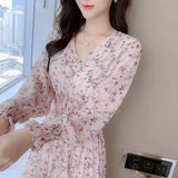 Korean Version Of The New Spring And Autumn Dress Long Sleeves To Show High-Waist Korean Version Of The V-Neck Skirt Broken Snowy Dress Long