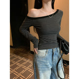 Ins Sexy Pure Hottie Word Shoulder Long-Sleeved T-Shirt Girl Retro Stripe Long Sleeves Bottom Shirt Female Tide