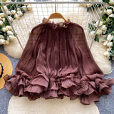 Sweet-Wind Pink Skin-To-Breed Moaf-Side Shirt For Women's Summer Long-Sleeved Pearl Decorated Chick Commuting Top