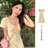 French Lotus Side Bubble Sleeve Yellow Broken Flower Dress Dress Women's Summer 2025 New Design Feeling Waist Skirt