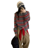 KANING Korean Striped Double Zipper Knitted Cardigan 2026 Autumn New Women's Short Round-Neck Sweater Jacket