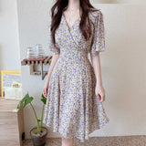 French Temperament Sweet Wind And Broken Flowers V-Neck Dress Women's New Summer Design Sense Slimming A-Word Skirt Tide