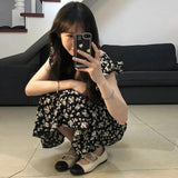 Tea Break French Hepburn Black Broken Flower Dress Women Summer 2025 New Temperament Waist Dress