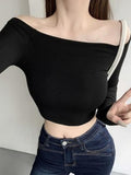 Ins Sexy Babes A Word Shoulder Short-Sleeved T-Shirt Girl Autumn Pure Want To Show Up Shoulder T-Shirt Bottom Thread Top