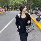 Autumn Atmosphere Age-Down Loose Lazy Set Of Women's Large Size Hoodie + Hanging Neck Dress Cover Meat Two Sets