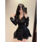 Trend Temperament V Collar Long-Sleeved Lace Dress Women's Waists Thin Spring Beautiful Horn Sleeves Short Skirt