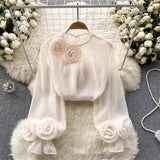 French Shirt Female Design Sense Small Three-Dimensional Flower Bubble Sleeves To Reduce The Age Of Pure Color Chiffon Shirt Women's Long-Sleeved Top