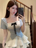 French Chic Sweet Babes Design Small Women's Summer Bows And Coloring Short-Sleeved Shirt Slim Top