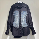 Design Sense Long Sleeve Splicing Denim Waist Shirt Female Heavy Industry Drill New Thin Fashion Hit-Colored Top