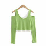 New Fashion Open Shoulder Elastic Slimming Short-Sleeved T-Shirt Two Stacks Of Bumpy Bottom Shirt
