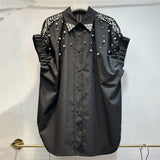 Fashion Short-Sleeved Shirt Women 2025 Summer Korean Version Of Loose Ocean Design Feeling Niche Bubble Sleeve Heavy Industry Nail Bead Top