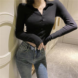 French Sexy Hottie Polo Collar Long-Sleeved T-Shirt Girl Spring New Slimming Inside Folding Short Top
