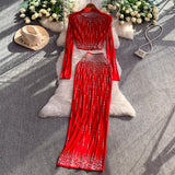 Ins Light Luxury Heavy Industry Diamond Nail Beads Half-High Collar Short Top + High Waist Thin Bag Hip Skirt Set