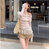 Summer New Hottie Suit Women Long Sleeve Knitted Jersey Jersey T-Shirt + Lace Inside Vest Two Sets