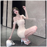 One-Word Shoulder-To-Shoulder T-Shirt Women's Dress 2025 Summer New Pure Sweet Hottie Collection Waist Thin Net Yarn Bagged Ass Skirt