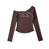 Spice Girls Personality Autumn New Letter Personality Slant Shoulder T-Shirt Collar Short Fashion Long Sleeve Bottom
